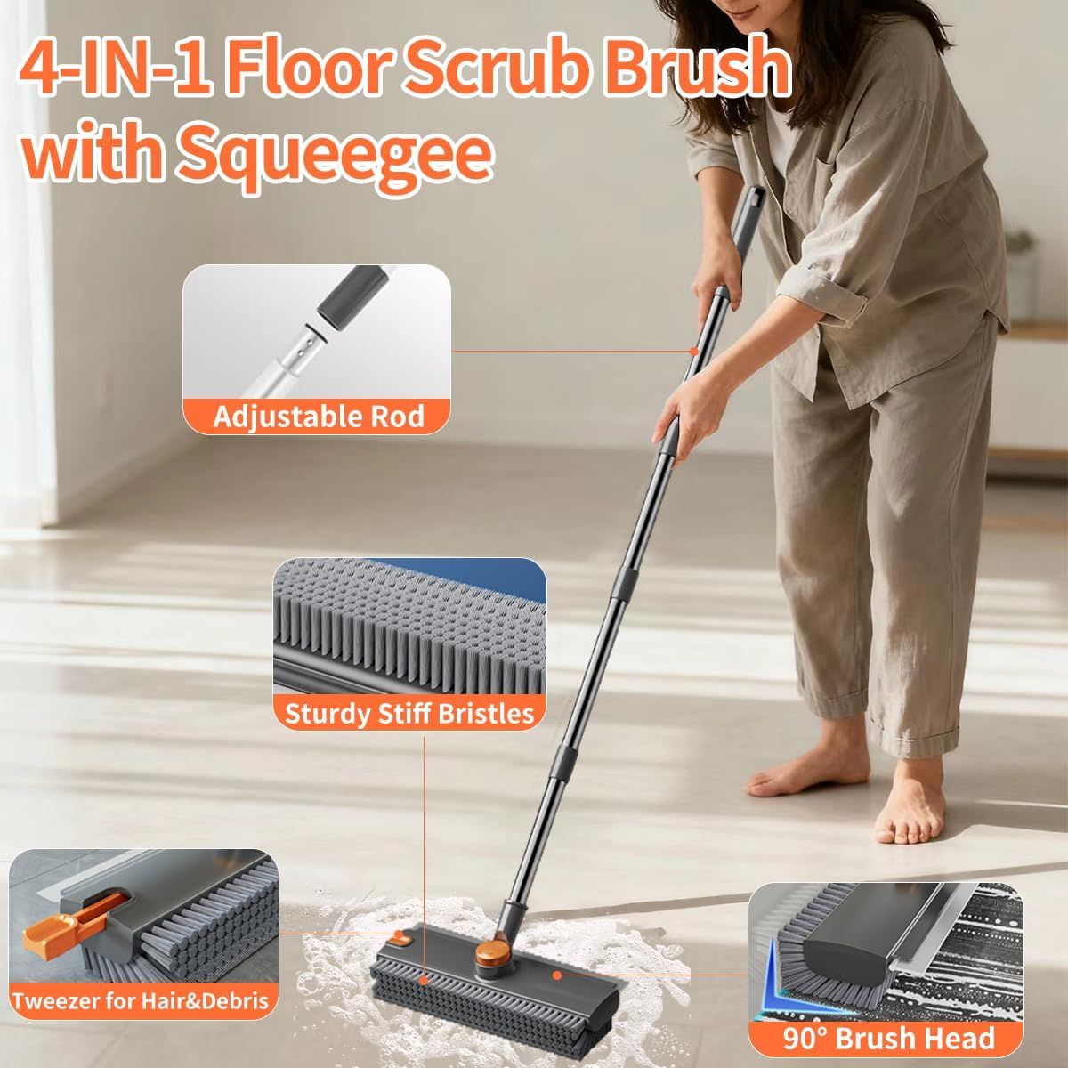 scrub brush with long handle, floor scrub brush squeegee broom for cleaning, 3 in 1 shower scrubber floor broom squeegee for concrete tile wall deck patio grey