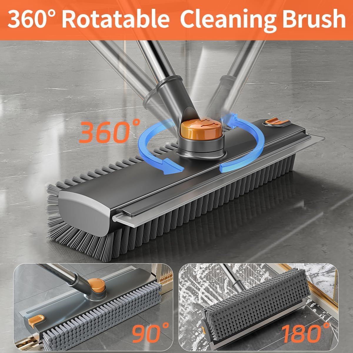 scrub brush with long handle, floor scrub brush squeegee broom for cleaning, 3 in 1 shower scrubber floor broom squeegee for concrete tile wall deck patio grey