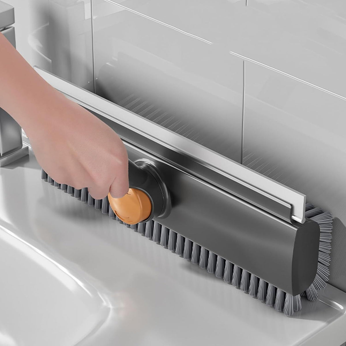 scrub brush with long handle, floor scrub brush squeegee broom for cleaning, 3 in 1 shower scrubber floor broom squeegee for concrete tile wall deck patio grey