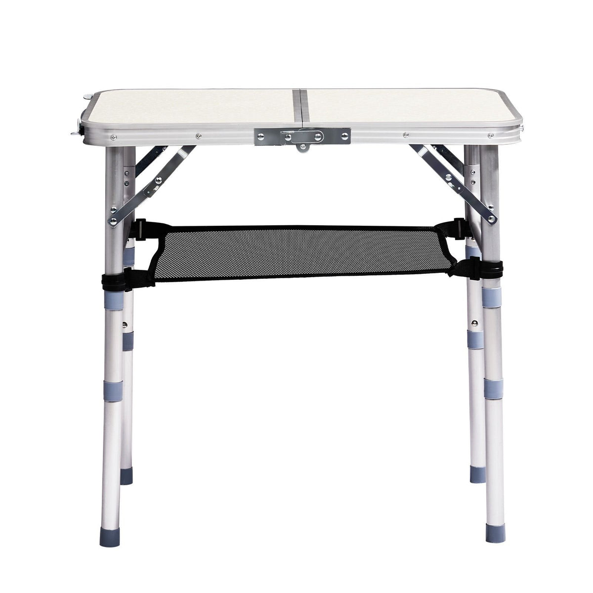 Portable Adjustable Height Folding Table with Mesh Storage Shelf – Lightweight Aluminum Camping Table, 2 Height Settings, Foldable Outdoor Picnic Table with Carry Handle for Patio,