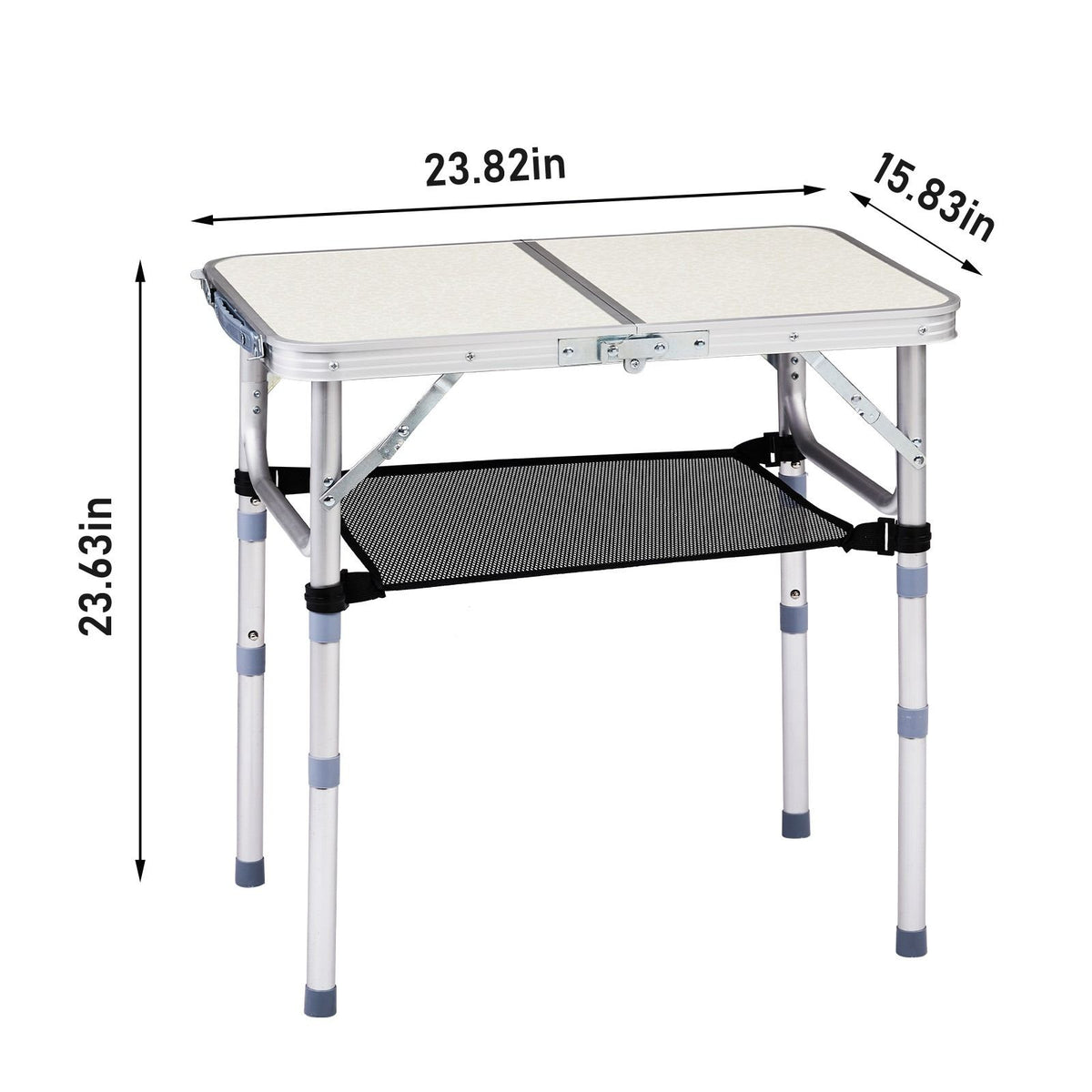 portable adjustable height folding table with mesh storage shelf – lightweight aluminum camping table, 2 height settings, foldable outdoor picnic table with carry handle for patio,