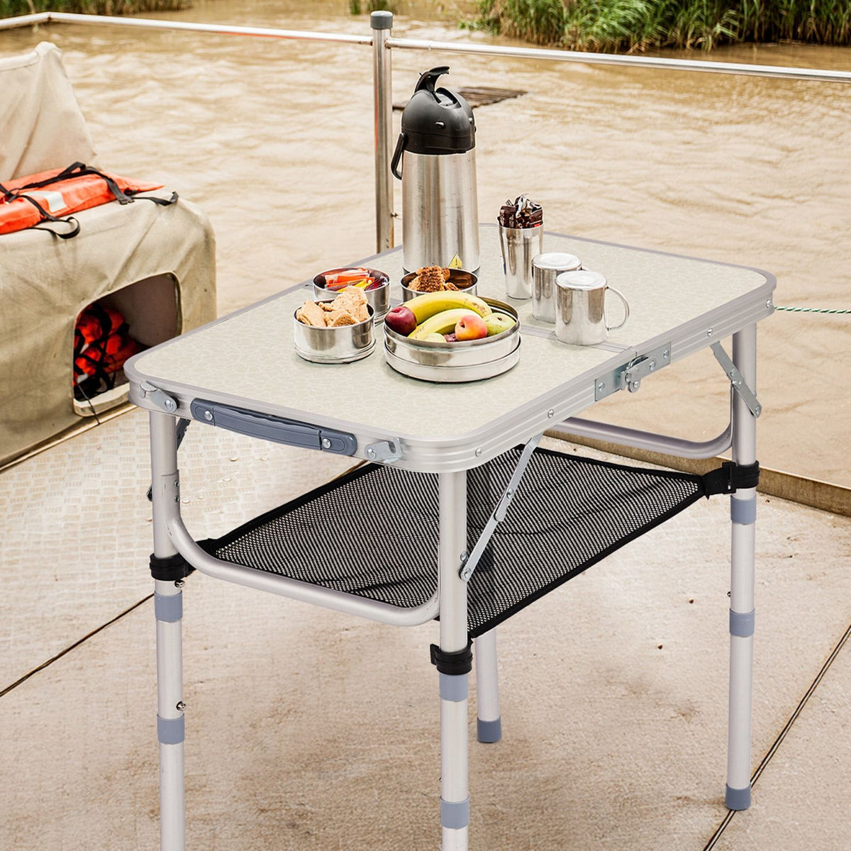 portable adjustable height folding table with mesh storage shelf – lightweight aluminum camping table, 2 height settings, foldable outdoor picnic table with carry handle for patio,