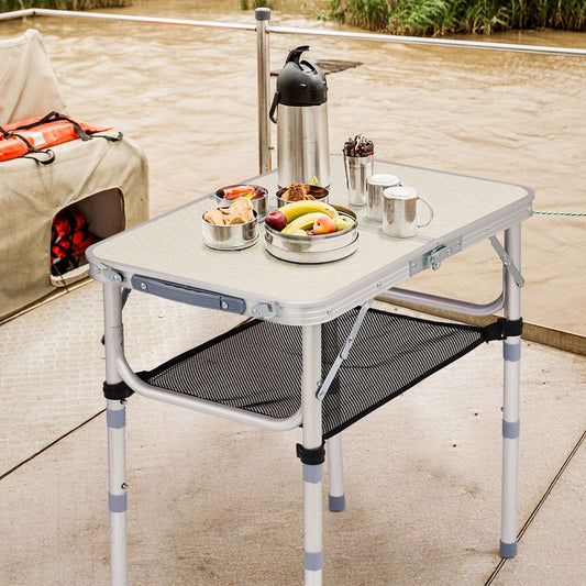 Portable Adjustable Height Folding Table with Mesh Storage Shelf – Lightweight Aluminum Camping Table, 2 Height Settings, Foldable Outdoor Picnic Table with Carry Handle for Patio,