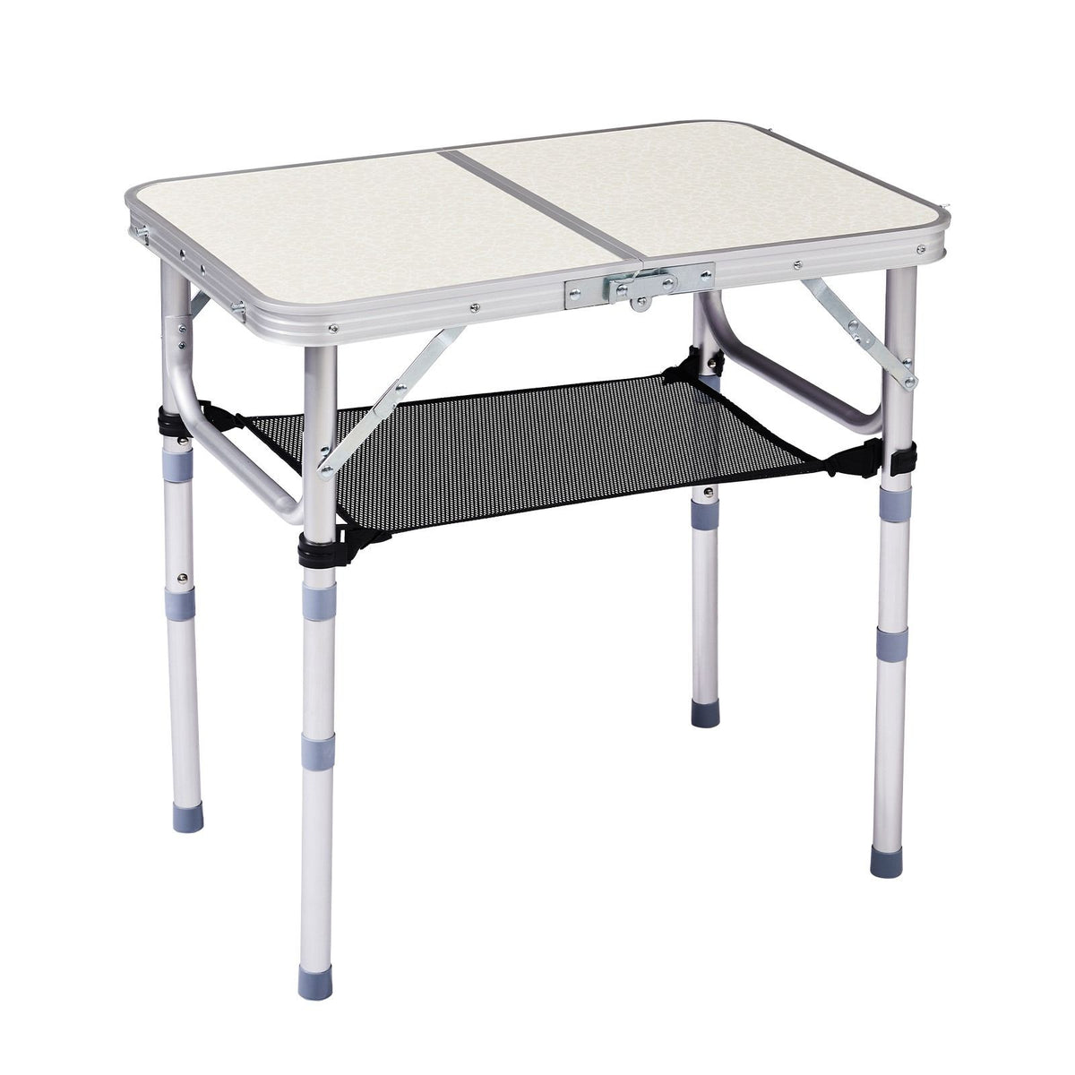 Portable Adjustable Height Folding Table with Mesh Storage Shelf – Lightweight Aluminum Camping Table, 2 Height Settings, Foldable Outdoor Picnic Table with Carry Handle for Patio,