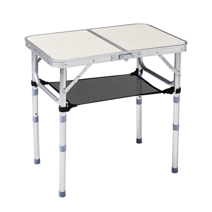 Portable Adjustable Height Folding Table with Mesh Storage Shelf – Lightweight Aluminum Camping Table, 2 Height Settings, Foldable Outdoor Picnic Table with Carry Handle for Patio,