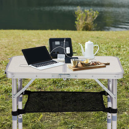 Portable Adjustable Height Folding Table with Mesh Storage Shelf – Lightweight Aluminum Camping Table, 2 Height Settings, Foldable Outdoor Picnic Table with Carry Handle for Patio,