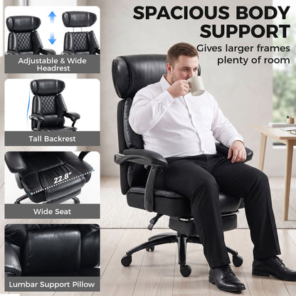 Big and Tall Office Chair with Adjustable Headrest, 500 lbs, Wide Seat, Lumbar Support, Desk Chair, Footrest