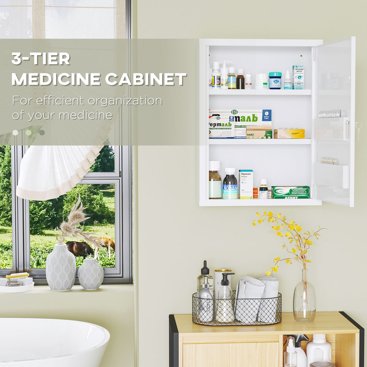 bathroom medicine cabinet with shelves inside & on door, locking medical cabinet, first aid bathroom wall cabinet white