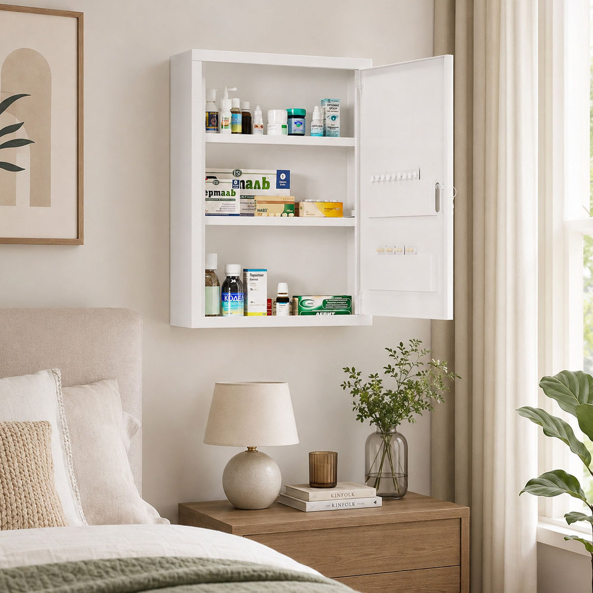 bathroom medicine cabinet with shelves inside & on door, locking medical cabinet, first aid bathroom wall cabinet white