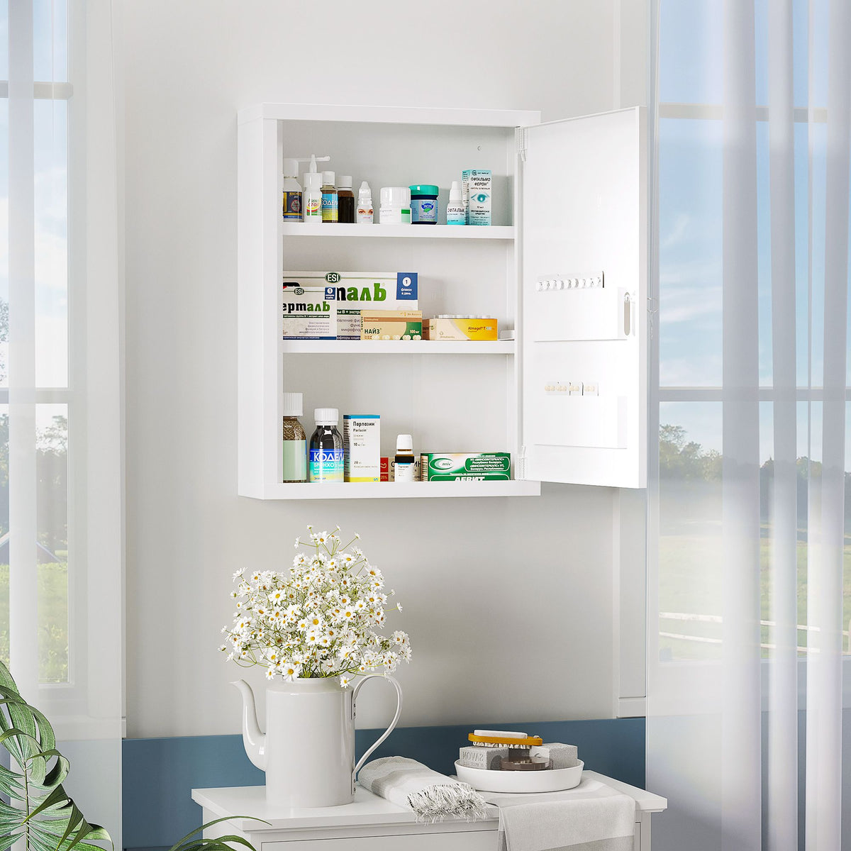 Bathroom Medicine Cabinet with Shelves Inside & On Door, Locking Medical Cabinet, First Aid Bathroom Wall Cabinet White
