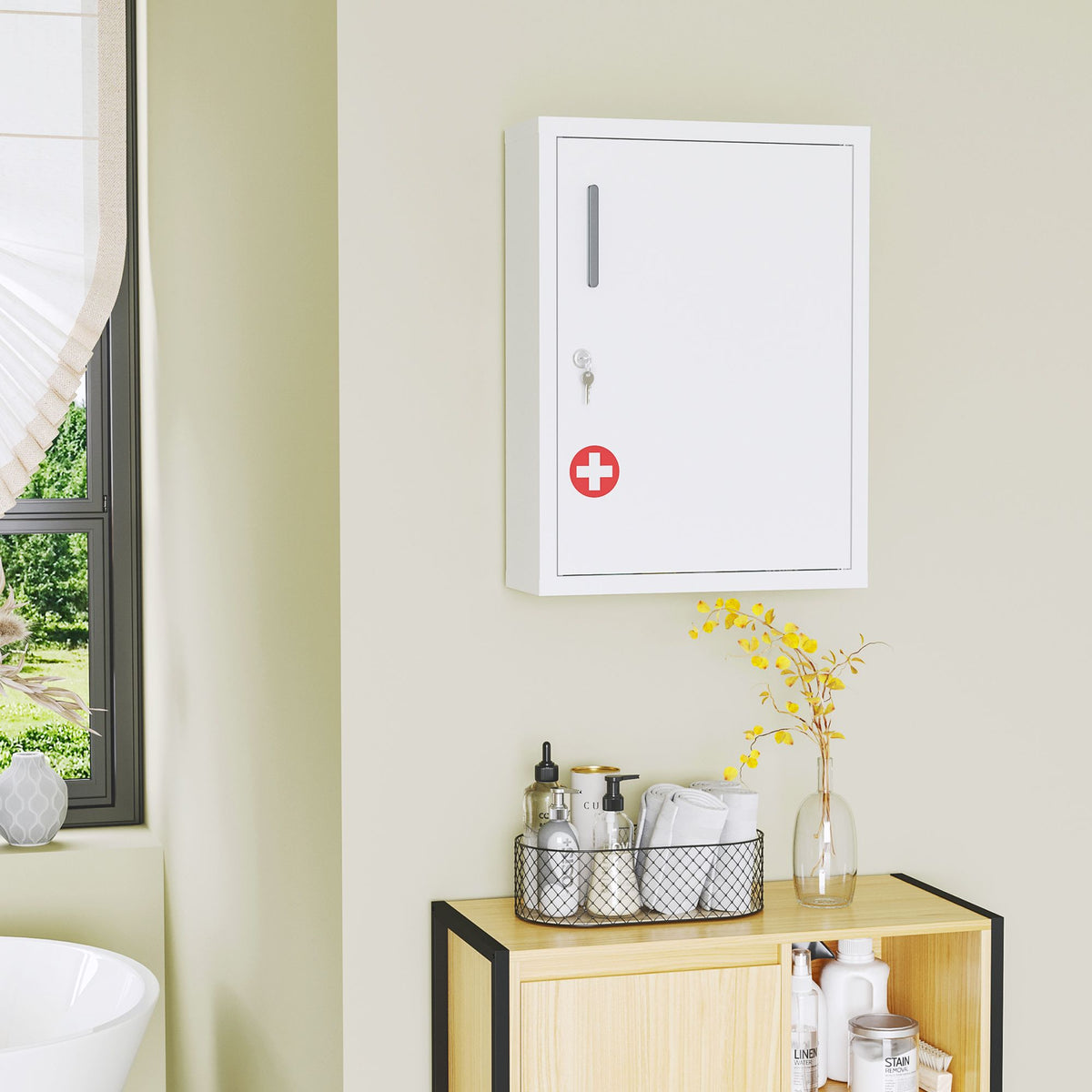 bathroom medicine cabinet with shelves inside & on door, locking medical cabinet, first aid bathroom wall cabinet white