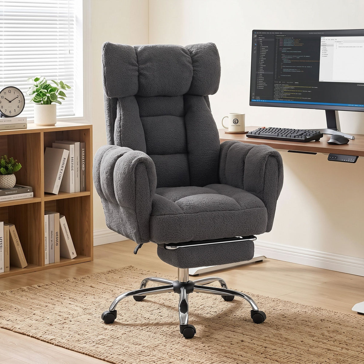Criss Cross Office Chair with Flip-Up Armrests, Reclining Desk Chair with Wide Seat, Footrest, Wheels, Dark Gray