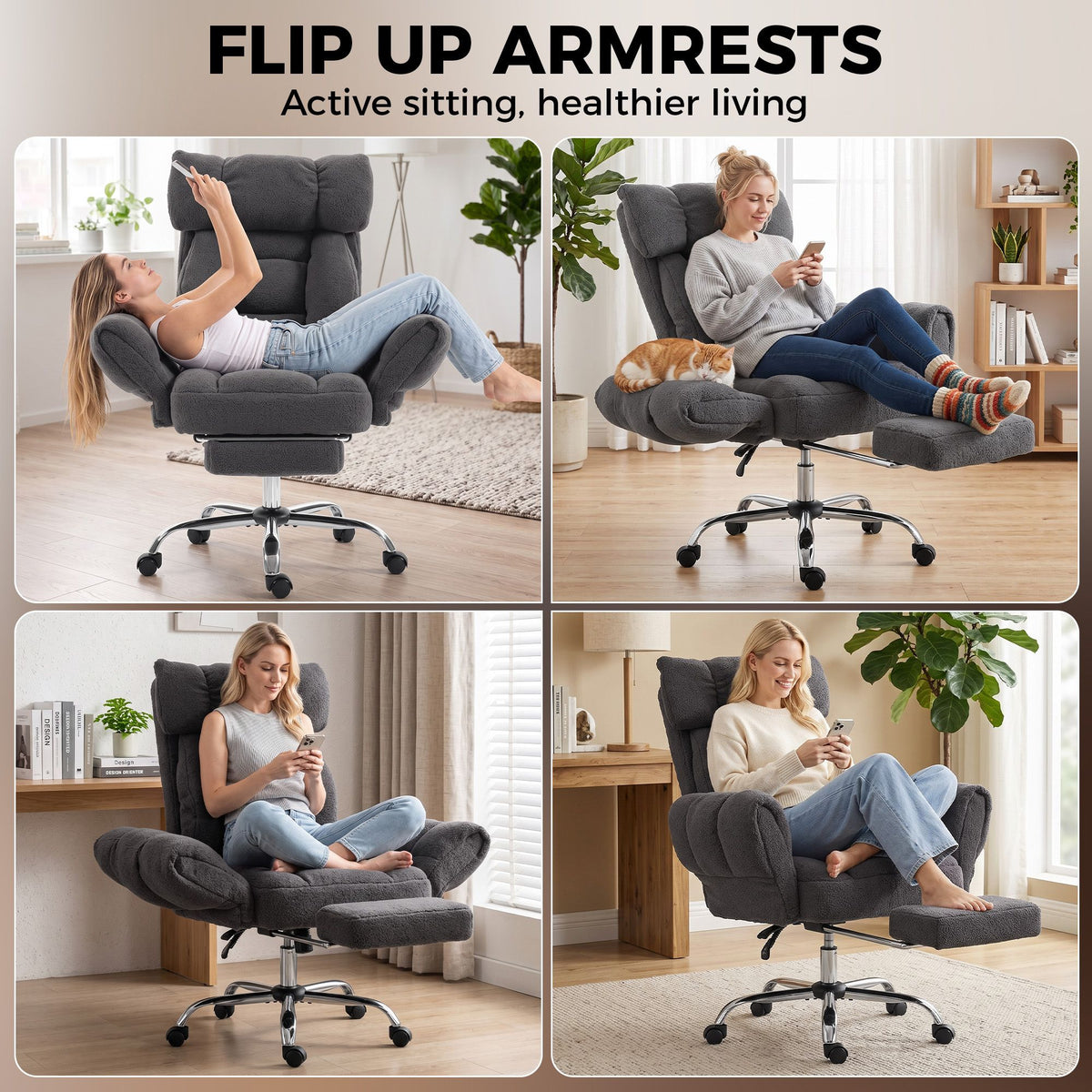 criss cross office chair with flip-up armrests, reclining desk chair with wide seat, footrest, wheels, dark gray