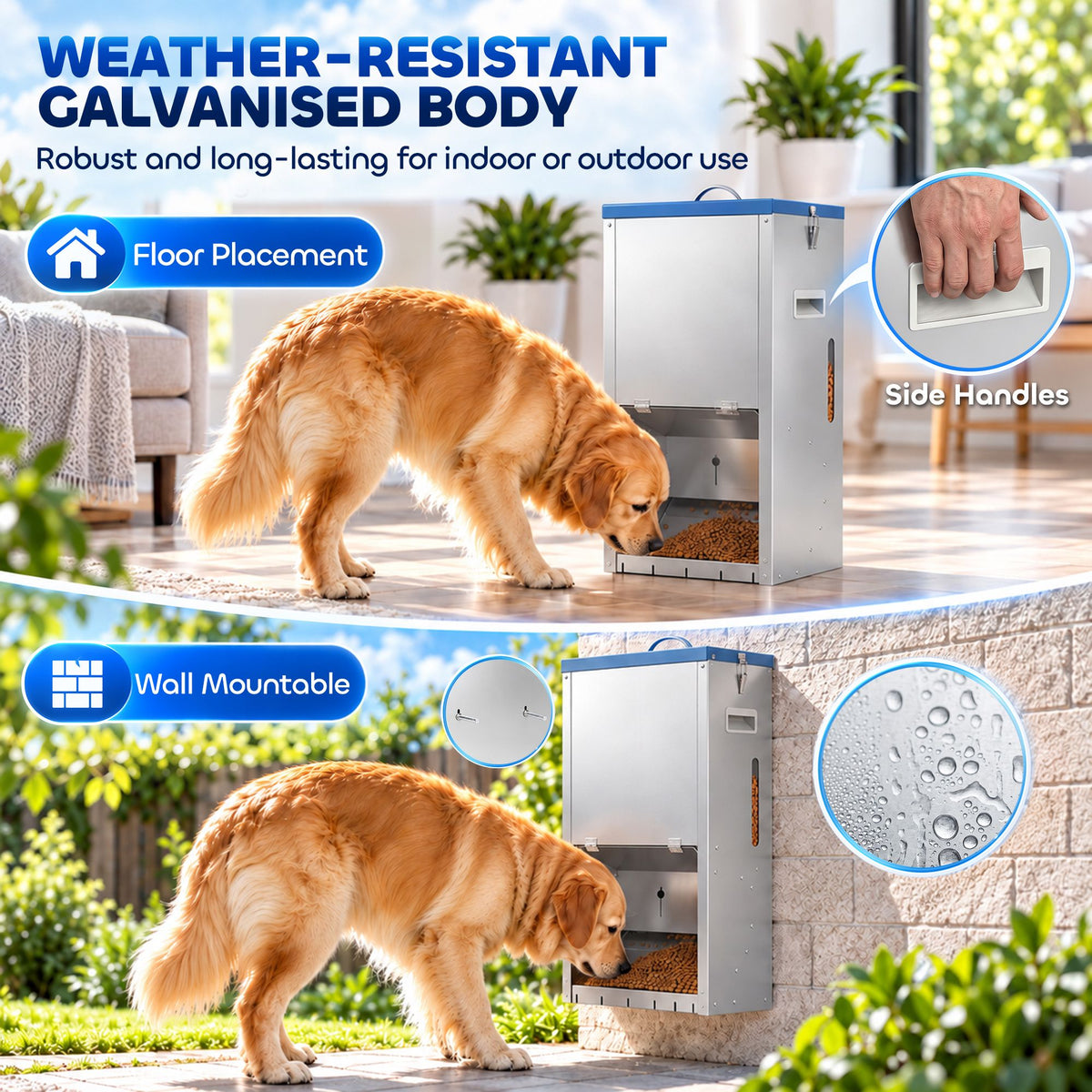 50lbs automatic dog feeder, galvanized gravity pet feeder with lockable clear door, indoor and outdoor use