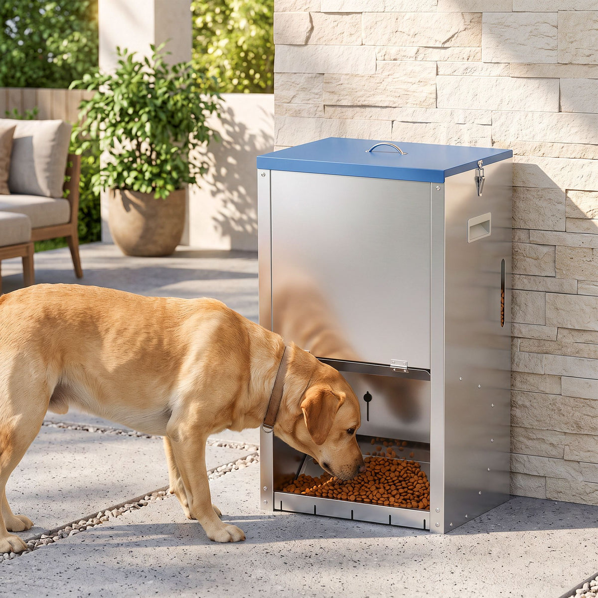 50lbs automatic dog feeder, galvanized gravity pet feeder with lockable clear door, indoor and outdoor use