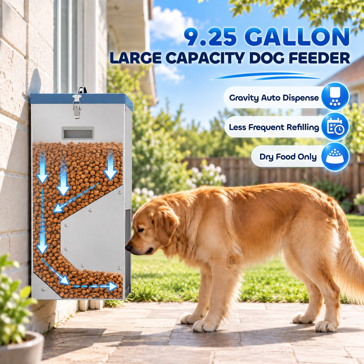 50lbs automatic dog feeder, galvanized gravity pet feeder with lockable clear door, indoor and outdoor use