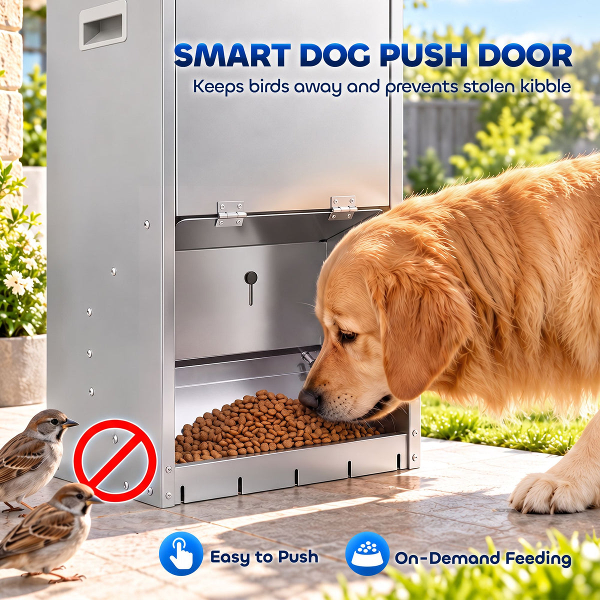 50lbs automatic dog feeder, galvanized gravity pet feeder with lockable clear door, indoor and outdoor use