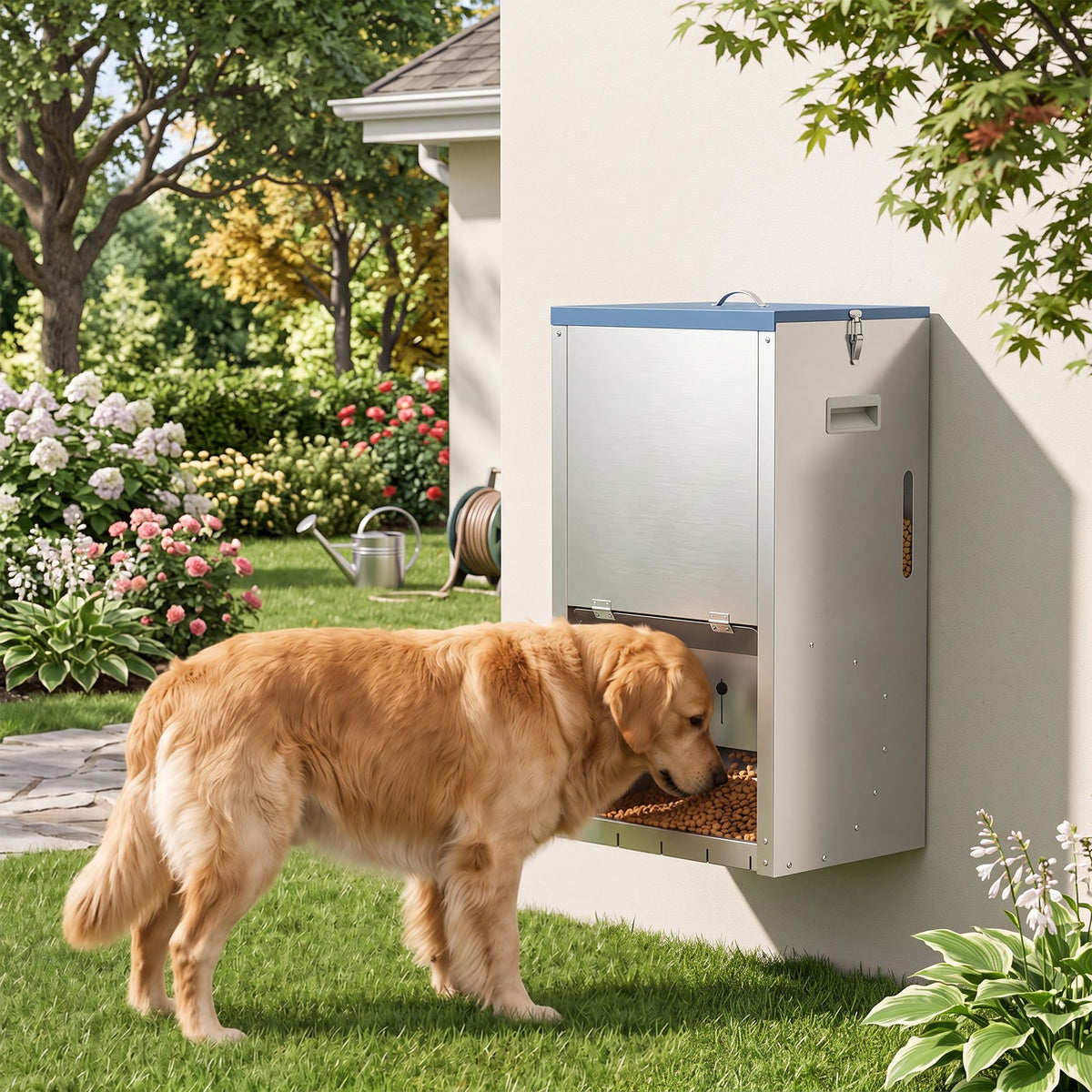 50lbs automatic dog feeder, galvanized gravity pet feeder with lockable clear door, indoor and outdoor use