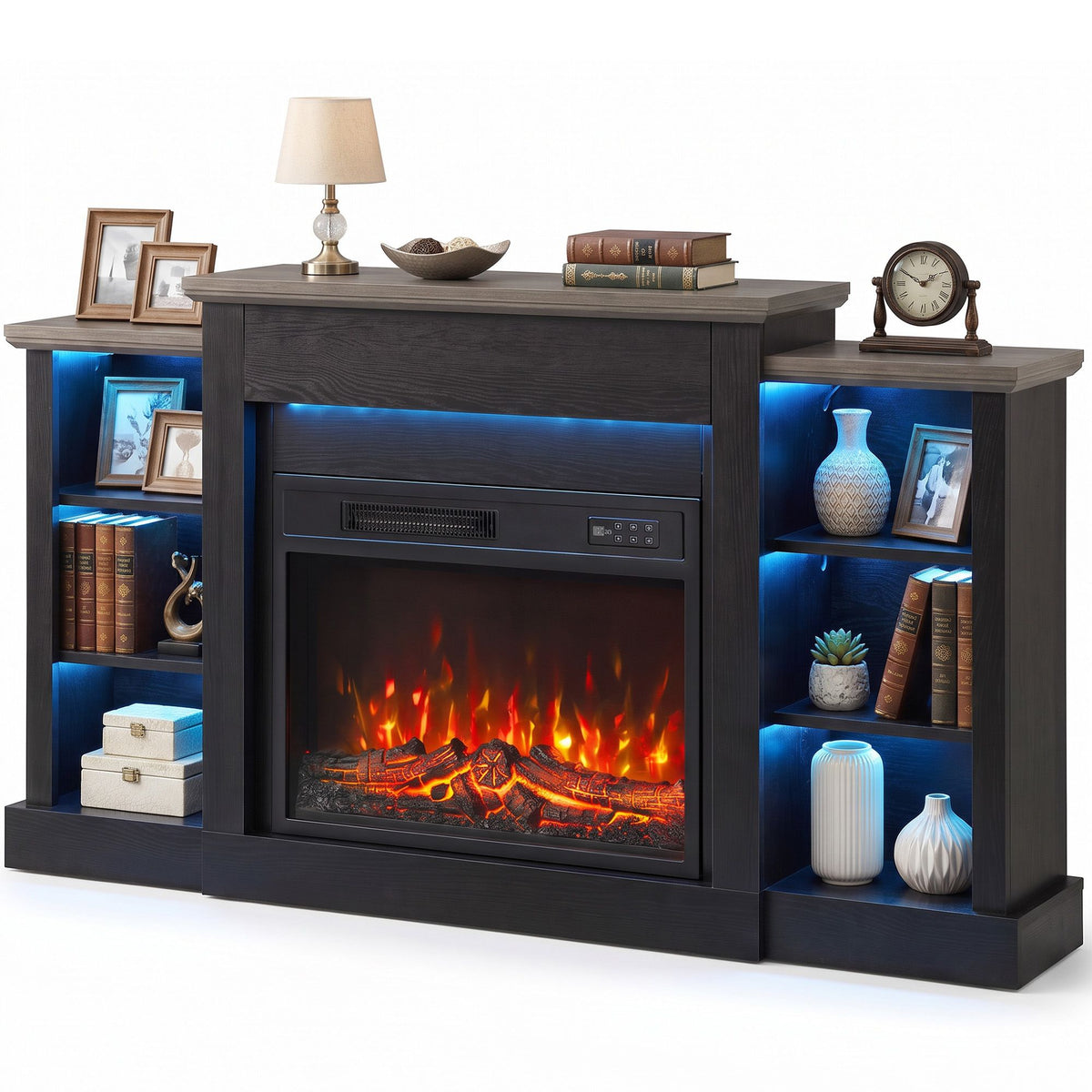 55" fireplace tv stand for tvs up to 65", entertainment center tv console, rgb led strips, 6 shelves, black wood grain