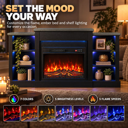 55" Fireplace TV Stand for TVs up to 65", Entertainment Center TV Console, RGB LED Strips, 6 Shelves, Black Wood Grain