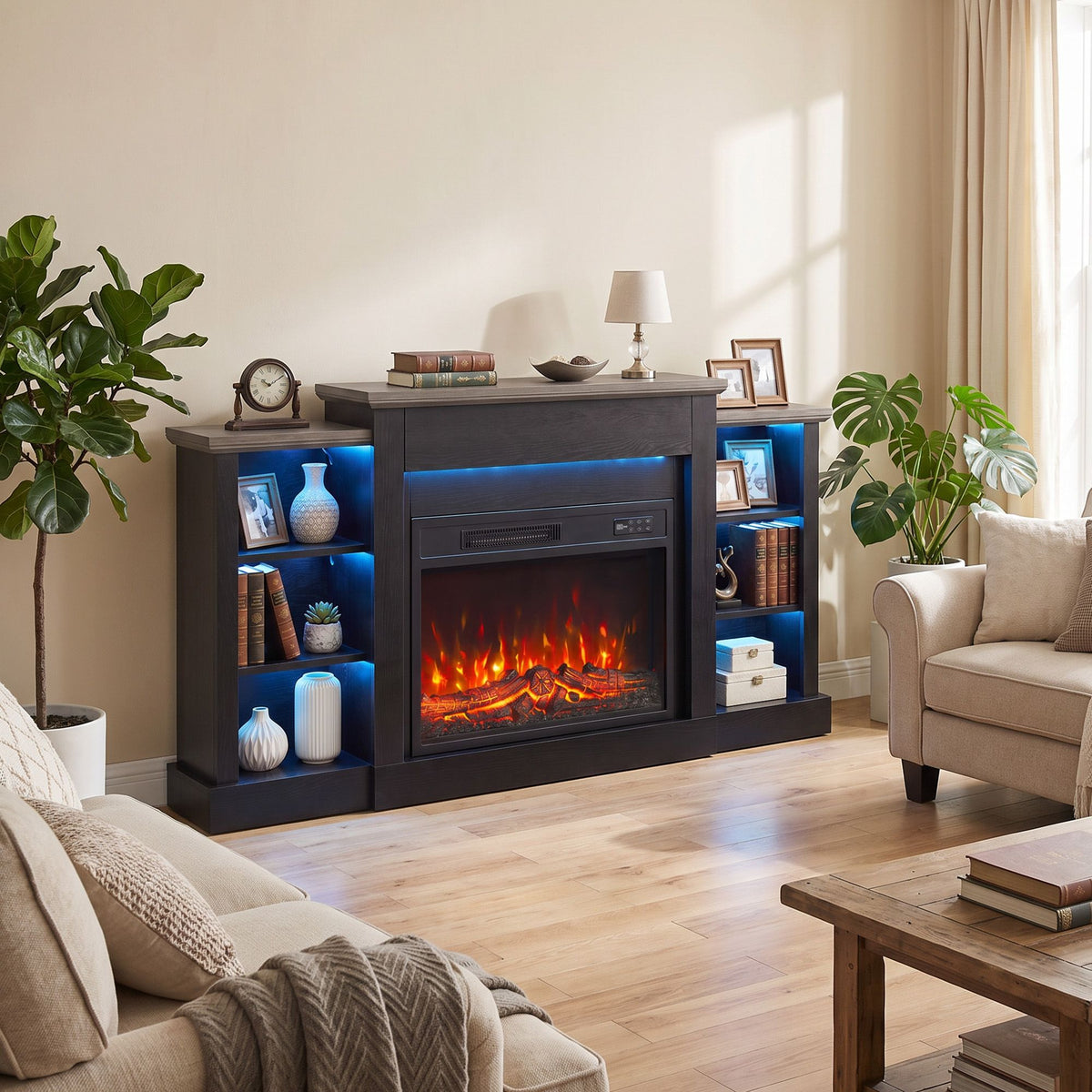 55" fireplace tv stand for tvs up to 65", entertainment center tv console, rgb led strips, 6 shelves, black wood grain