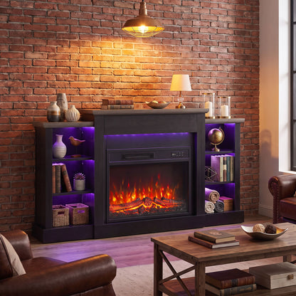 55" Fireplace TV Stand for TVs up to 65", Entertainment Center TV Console, RGB LED Strips, 6 Shelves, Black Wood Grain