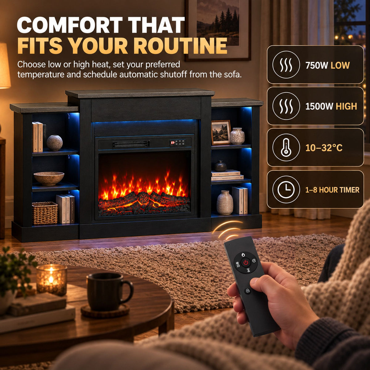 55" fireplace tv stand for tvs up to 65", entertainment center tv console, rgb led strips, 6 shelves, black wood grain