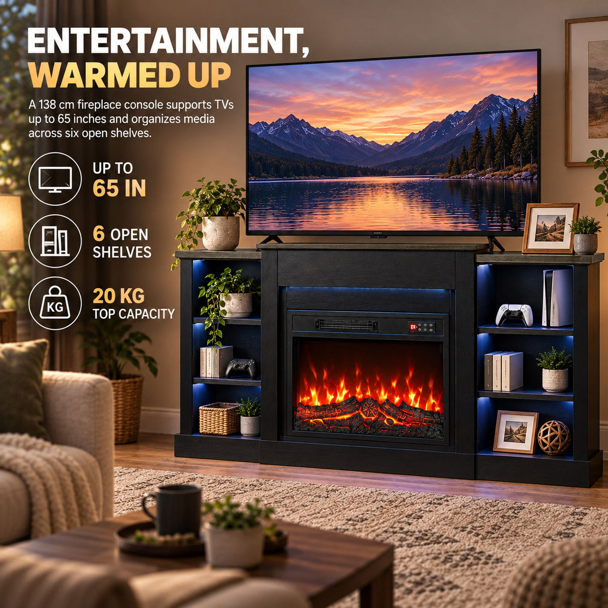 55" fireplace tv stand for tvs up to 65", entertainment center tv console, rgb led strips, 6 shelves, black wood grain
