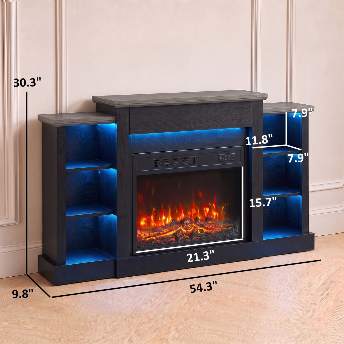55" fireplace tv stand for tvs up to 65", entertainment center tv console, rgb led strips, 6 shelves, black wood grain