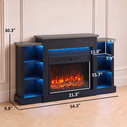 55" Fireplace TV Stand for TVs up to 65", Entertainment Center TV Console, RGB LED Strips, 6 Shelves, Black Wood Grain