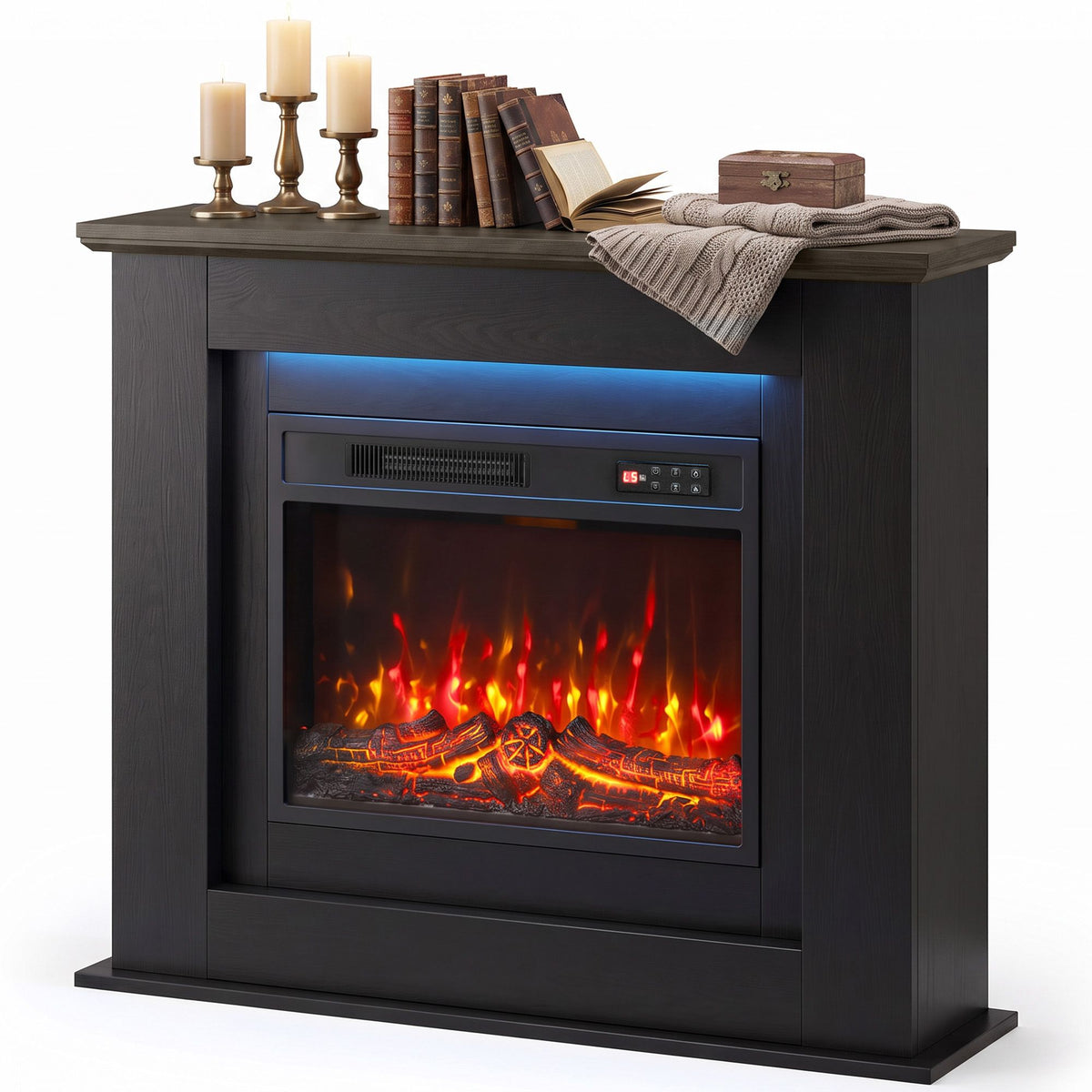 40" electric fireplace with mantel, led strip, fireplace tv stand for 55" tvs, adjustable flame, black