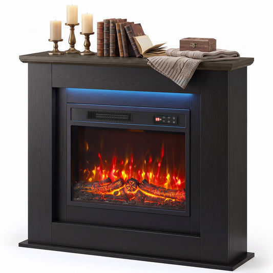 40" Electric Fireplace with Mantel, LED Strip, Fireplace TV Stand for 55" TVs, Adjustable Flame, Black