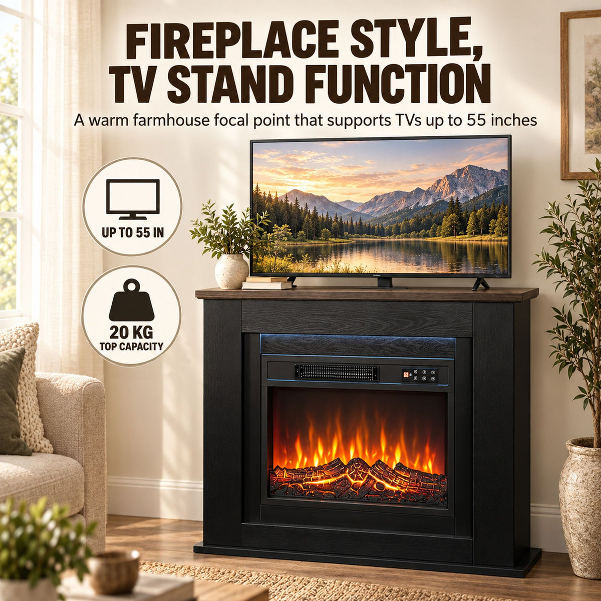 40" electric fireplace with mantel, led strip, fireplace tv stand for 55" tvs, adjustable flame, black