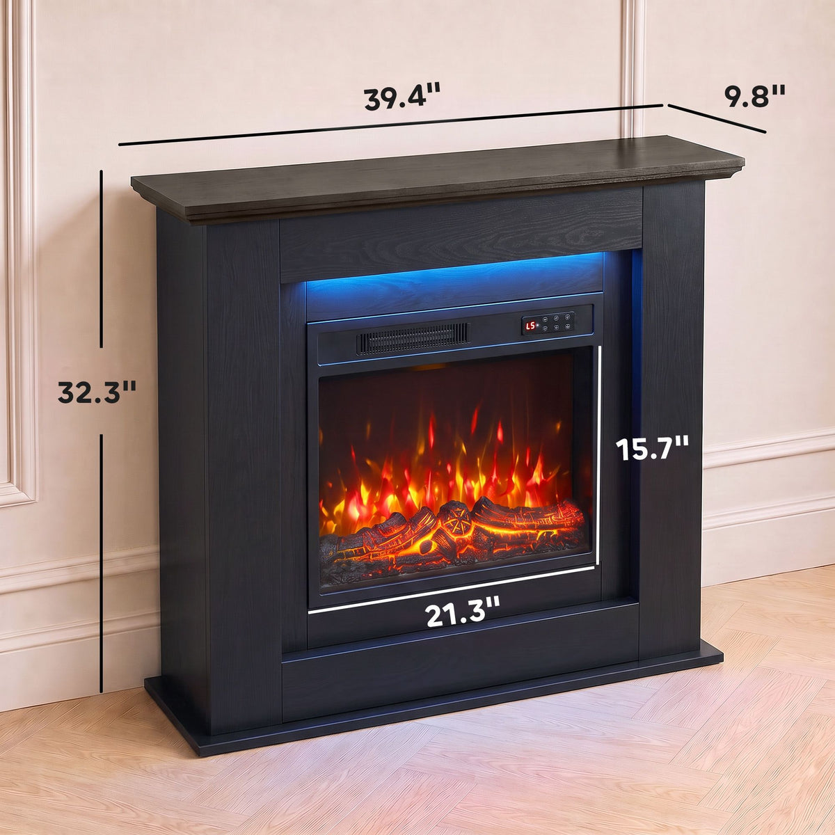 40" electric fireplace with mantel, led strip, fireplace tv stand for 55" tvs, adjustable flame, black