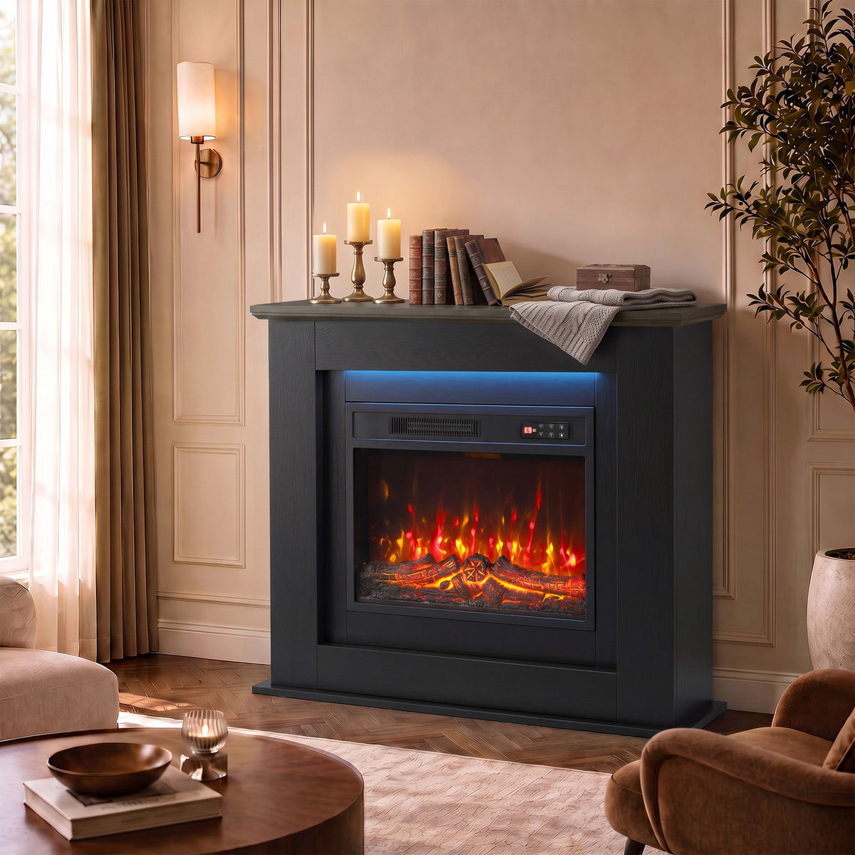 40" Electric Fireplace with Mantel, LED Strip, Fireplace TV Stand for 55" TVs, Adjustable Flame, Black