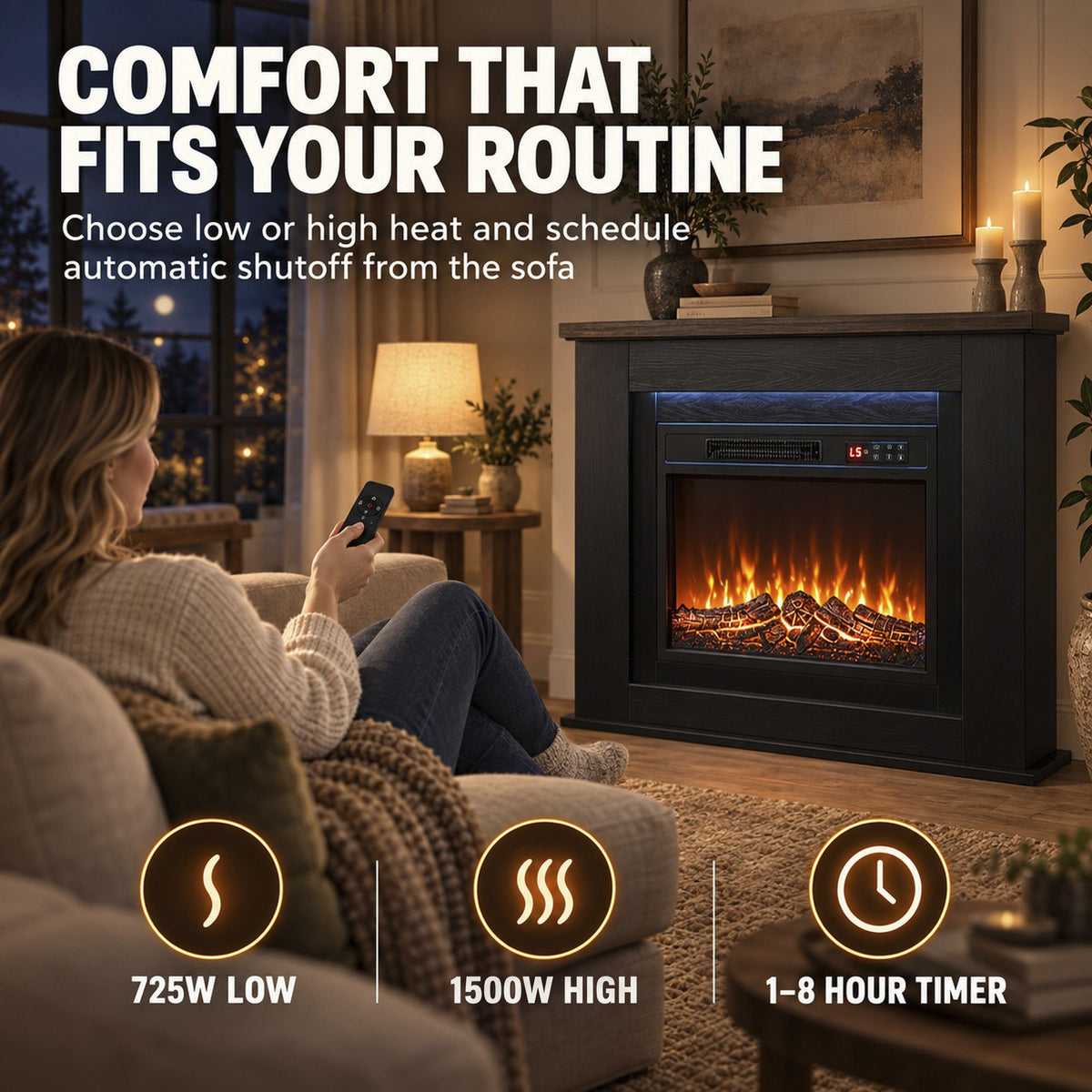 40" Electric Fireplace with Mantel, LED Strip, Fireplace TV Stand for 55" TVs, Adjustable Flame, Black