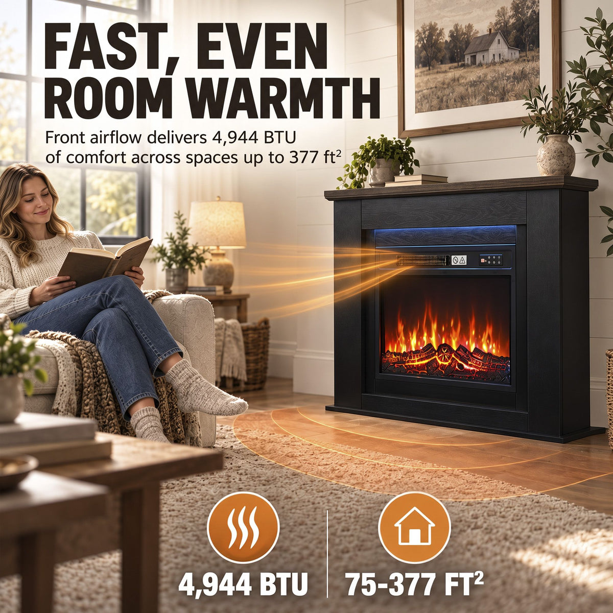 40" Electric Fireplace with Mantel, LED Strip, Fireplace TV Stand for 55" TVs, Adjustable Flame, Black