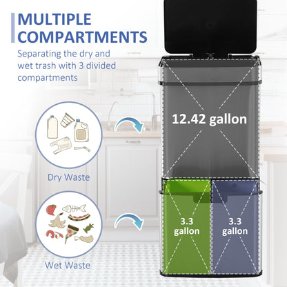 Kitchen Bin 3 Compartments Motion Sensor Trash Can Infrared Lid Stainless Steel 19 Gal Silver
