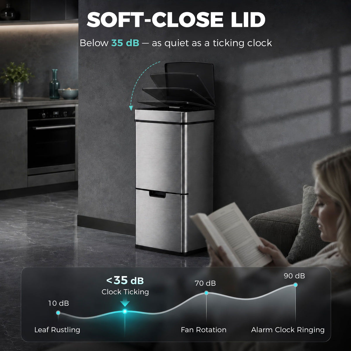 Kitchen Bin 3 Compartments Motion Sensor Trash Can Infrared Lid Stainless Steel 19 Gal Silver