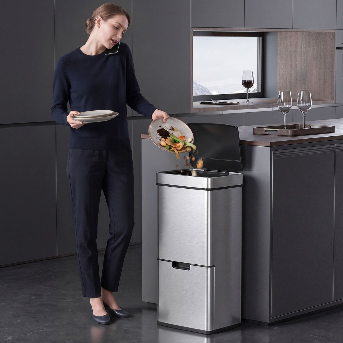 Kitchen Bin 3 Compartments Motion Sensor Trash Can Infrared Lid Stainless Steel 19 Gal Silver
