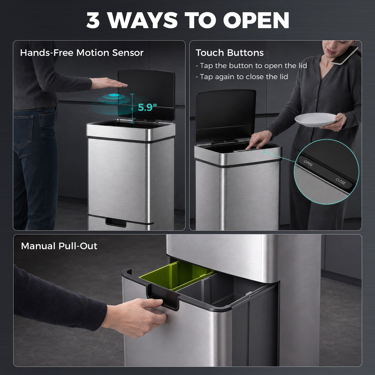 kitchen bin 3 compartments motion sensor trash can infrared lid stainless steel 19 gal silver