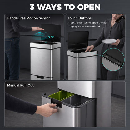 Kitchen Bin 3 Compartments Motion Sensor Trash Can Infrared Lid Stainless Steel 19 Gal Silver