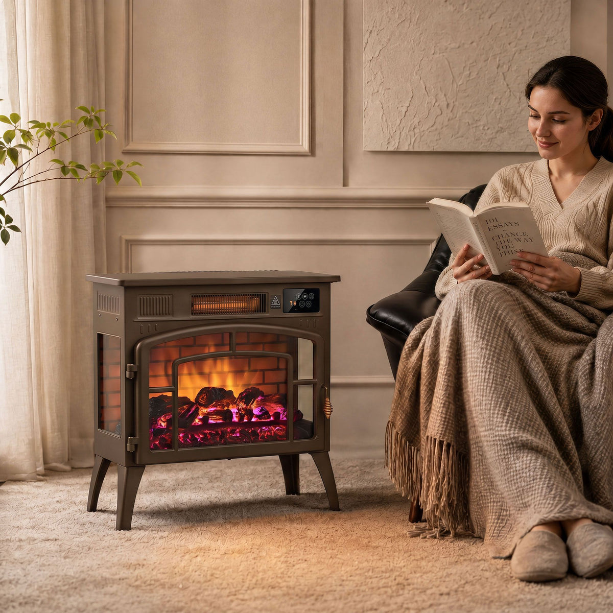 3-sided glass wifi electric fire heater, smart electric fireplace stove, brown
