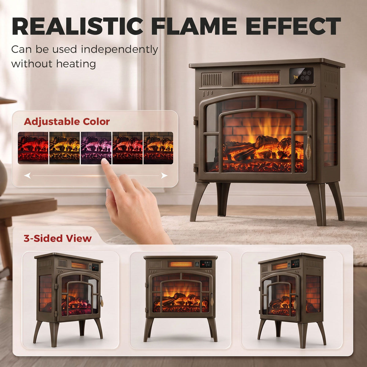 3-Sided Glass WiFi Electric Fire Heater, Smart Electric Fireplace Stove, Brown