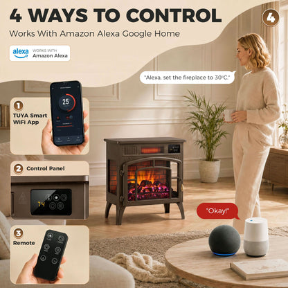 3-Sided Glass WiFi Electric Fire Heater, Smart Electric Fireplace Stove, Brown
