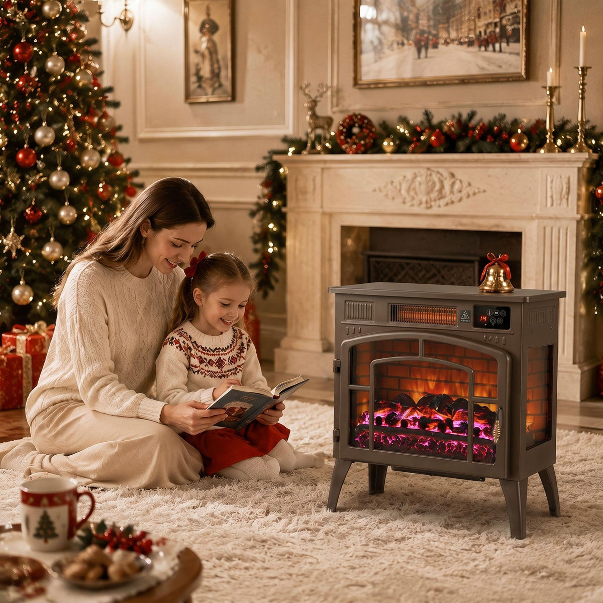3-Sided Glass WiFi Electric Fire Heater, Smart Electric Fireplace Stove, Brown