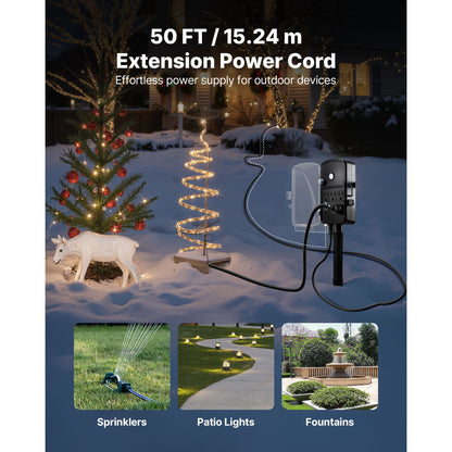 Outdoor Power Stake, 50 FT Extension Cord, Outdoor Power Strip Weatherproof with Cover and Overload Protection, 6 Outlets, 15A/1875W, Waterproof Multi-Outlet Yard Stake for Christm