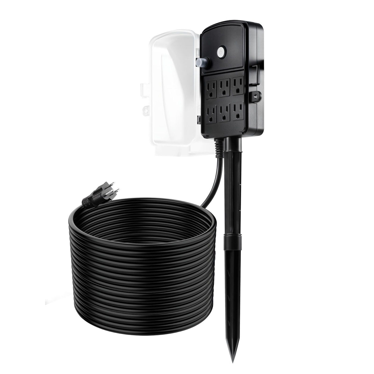 outdoor power stake, 50 ft extension cord, outdoor power strip weatherproof with cover and overload protection, 6 outlets, 15a/1875w, waterproof multi-outlet yard stake for christm