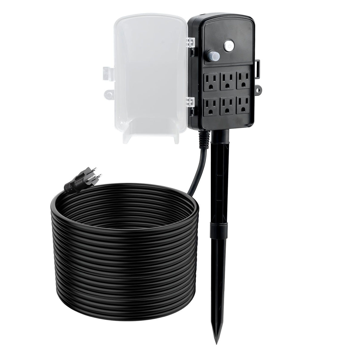 Outdoor Power Stake, 50 FT Extension Cord, Outdoor Power Strip Weatherproof with Cover and Overload Protection, 6 Outlets, 15A/1875W, Waterproof Multi-Outlet Yard Stake for Christm