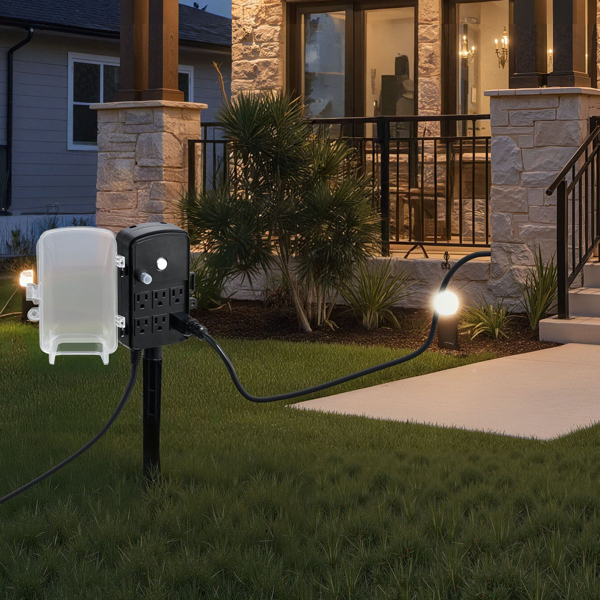 Outdoor Power Stake, 50 FT Extension Cord, Outdoor Power Strip Weatherproof with Cover and Overload Protection, 6 Outlets, 15A/1875W, Waterproof Multi-Outlet Yard Stake for Christm